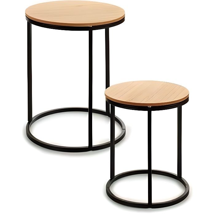Set de 2 Petites Tables d'Appoint Rondes Gigognes en Bois et Métal Noir 0,000000