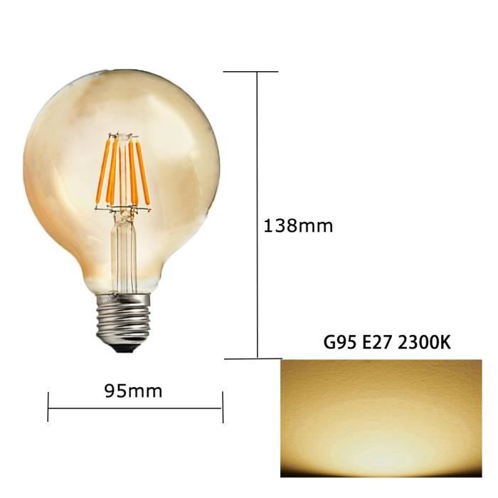 Lot de 1 Ampoules LED G95 E27 6W Vintage Rétro Filament de Rechange 60W Blanc chaud 2200K 600lm Pas dimmable