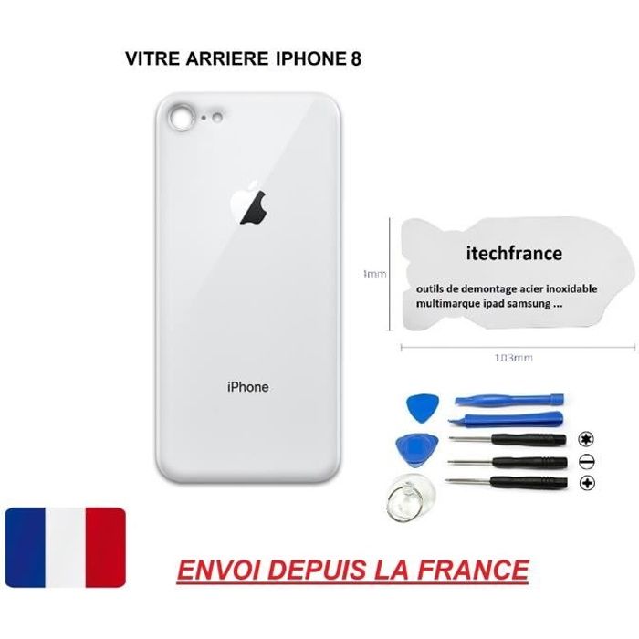 vitre arrière BLANC/ARGENT IPHONE 8 4.7 qualité origine en verre, coque cache batterie double face Adhésifs et kit outils spatule.