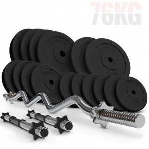 Physionics® Barres avec Disques de Poids (76 kg) - Curl Barre EZ (120 cm / Ø 30 mm), 2 Barres d'Haltères et Disques (Ø 31 mm) - Gym