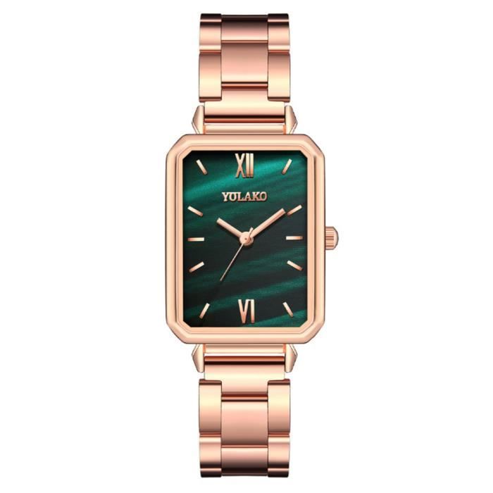 Montre Femme , Montre pour Femme Quartz - Analogie - Acier - Bracelet en Or Rose , Cadran Vert , Cadeau de Noël , Saint Valentin