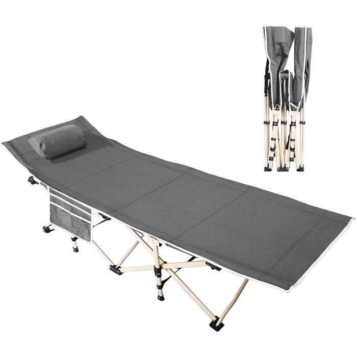 SogesHome-Lit de camp-190×71×37cm-Longue Pliante Réglable de Camping, avec Tapis de Daim Oreiller-Gris