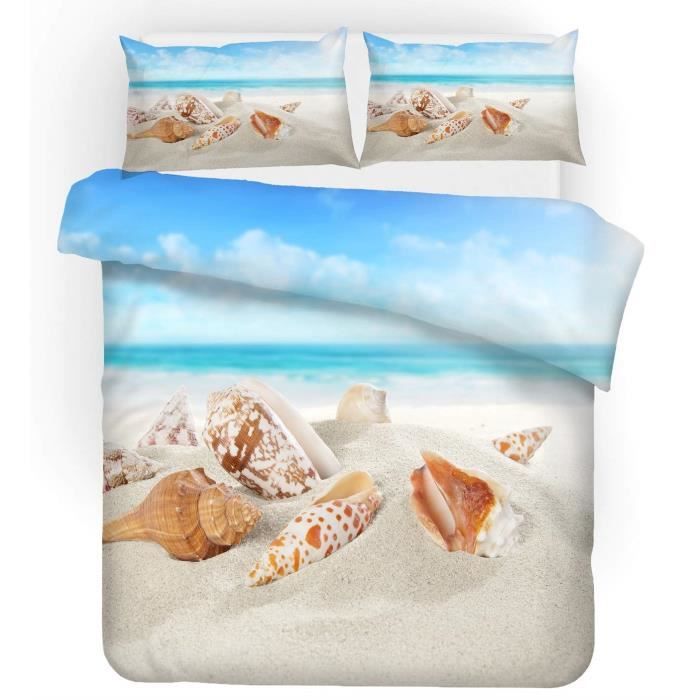 Parure De Lit Coquille De Plage Housse De Couette Conque La Mer A Housse De Couette-Taies d'oreiller-Drap (King-220×230cm-4 PCS,05)
