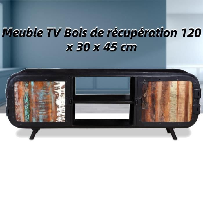 Meuble TV fer et bois de récupération 120 x 30 x 45 cm Noir LAG-2