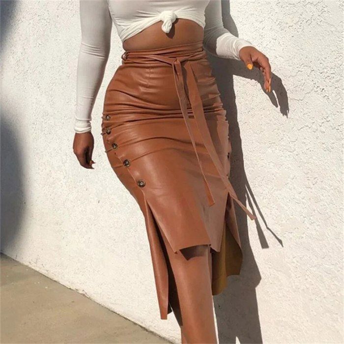 Jupe mi longue en cuir PU taille haute pour femme bouton lateral a lacets jupe crayon slim streetwear pour femme camel A3580 Blanc Cdiscount Pret a Porter