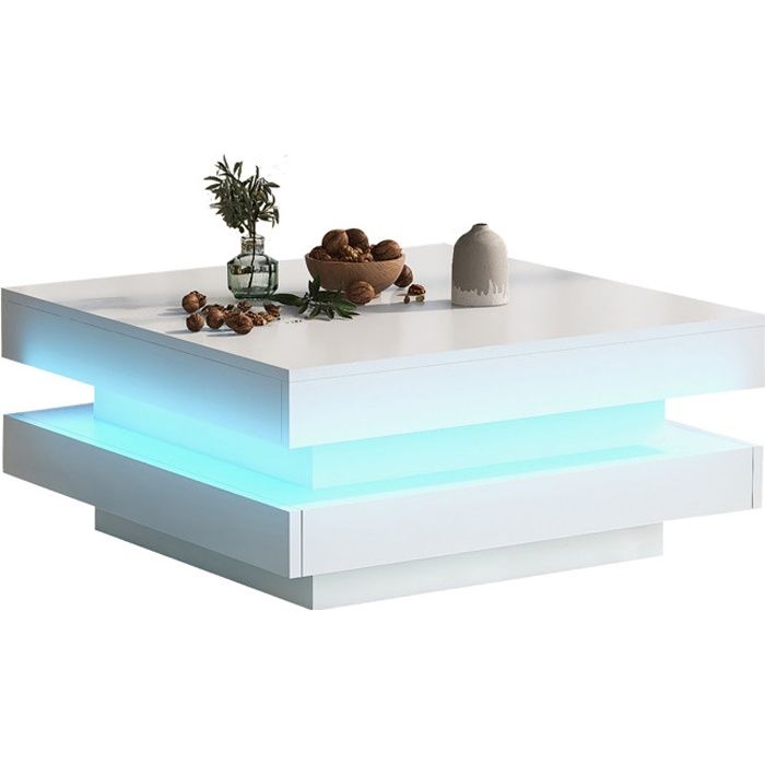 Table basse carrée en blanc, style technologique moderne avec éclairage LED 16 couleurs, 70x70x36 cm, charge max 3 kg