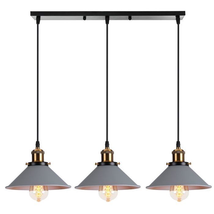WOTTES Suspension Luminaire Industrielle 3 Lumière Plafonniers Design Edison Métal Lustre avec Support de Barre Rectangle Gris