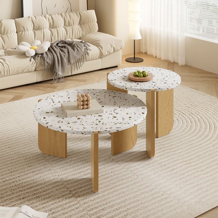 Table basse salon rond de table à thé Canapé table dappoint Style moderne 70x70x35cm + 50x50x45.5cm Blanc
