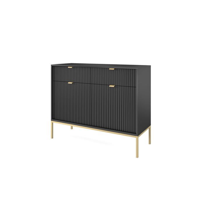Commode : 2 Tiroirs 2 Portes Noir or 104 x 83 x 39 cm poignées dorées