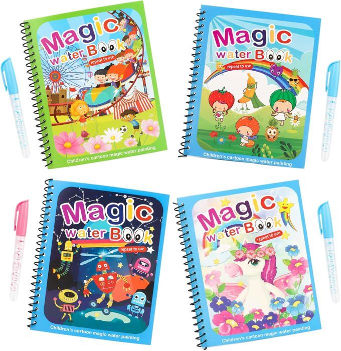 Livre De Dessin Magique à L'Eau – 6 Cahiers Réutilisables + Stylos, Jeu Éducatif Enfant
