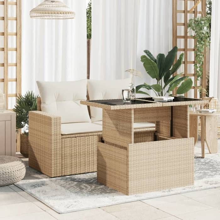 Table de jardin - mango - et dessus en verre - beige 100x55x73 cm poly rotin TT505