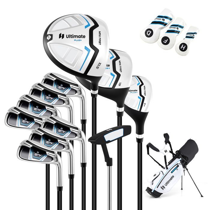 Set de Clubs de Golf COSTWAY-pour Hommes avec Sac Trépied-Ensemble Comprend Driver&Bois&Hybride&Fers&Putter&Couvre-Chefs-Blanc Set de Clubs de Golf COSTWAY-pour Hommes avec Sac Trépied-Ensemble Comprend Driver&Bois&Hybride&Fers&Putter&Couvre-Chefs-Blanc