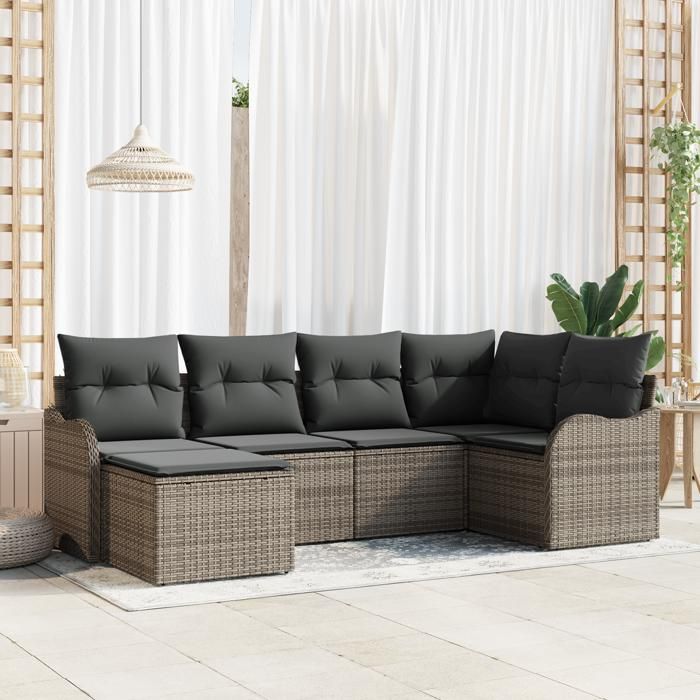 Ensemble de 6 pièces de Canapé de Jardin avec Coussins Gris Rattan Poly Canapé de Jardin 2 places avec Rangement & Coussins