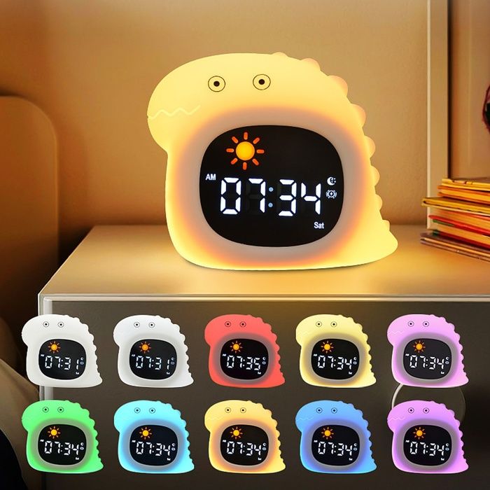 Veilleuse Tactile Dinosaure Enfant –Réveil Horloge Apprentissage Sommeil Sons Naturels Apaisants Lampe de Chevet Lumières