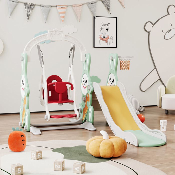 Toboggan 4 En 1 Pour Enfant – Avec Balançoire, Panier De Basket, Cadre D'escalade, Télescope, Intérieur/extérieur, Rose, 140x118x102 Cm