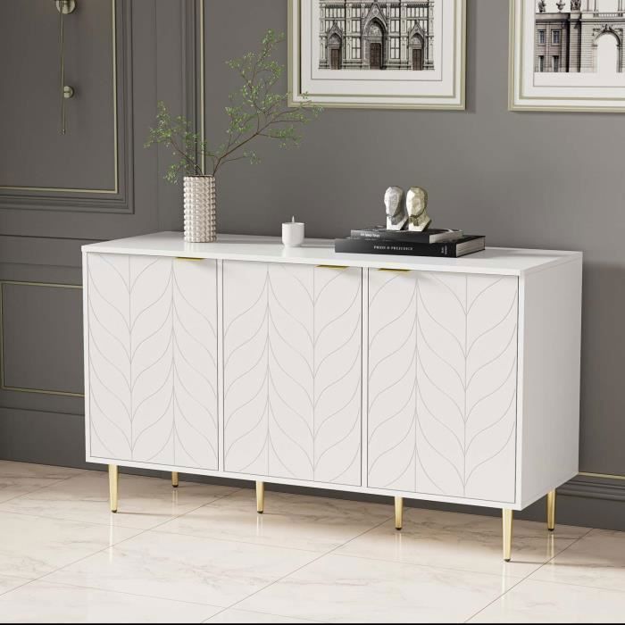 ModernLuxe Buffet - pour chambre - salon - pieds et poignes plaqus or - motif floral - 6 compartiments - 127x45x75cm blanc