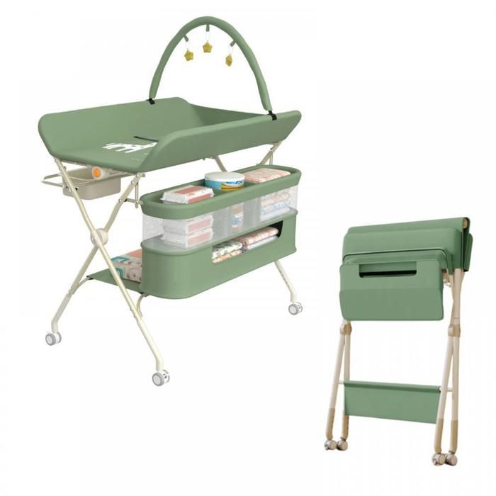 Morlinca Table à Langer Bébé Pliable Réglable En Hauteur Avec Panier Et Roulettes - Beige Confortable Et Pratique