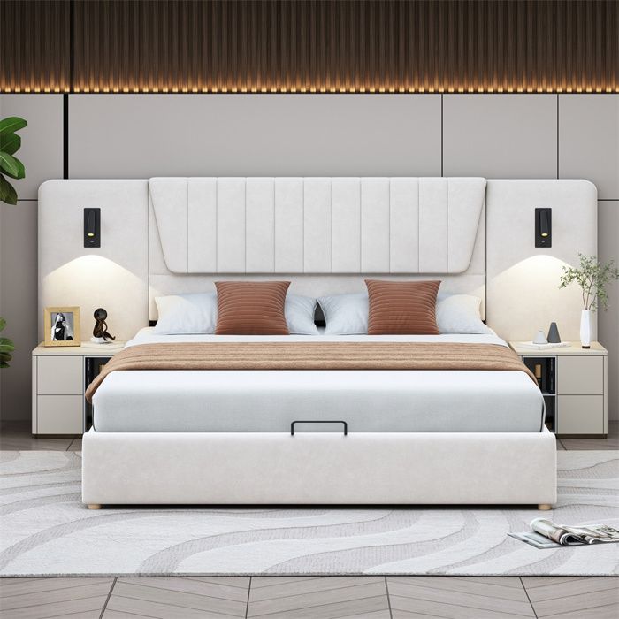 Lit coffre - Lit rembourré 180x200 cm - Dossier extra-long - Lampes de lecture pivotantes & USB