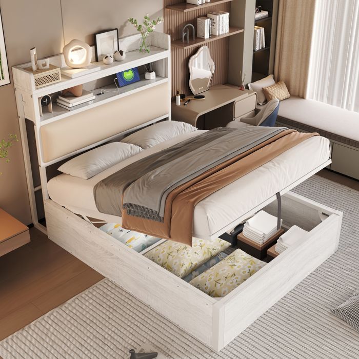 Lit 1 place 90x200 cm rembourré avec coffre hydraulique tête de lit USB métal et bois blanc - sans matelas