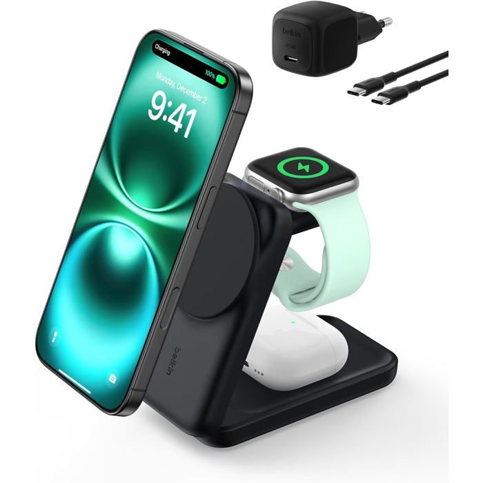 Belkin UltraCharge Chargeur 3-en-1 MagSafe Qi2 25W Noir – iPhone Apple Watch AirPods