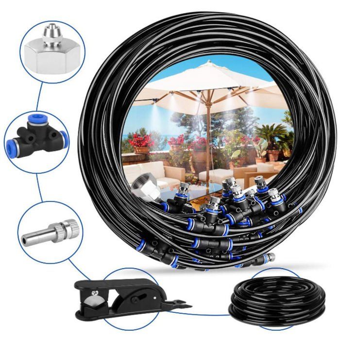 Brumisateur Terrasse 20M Système de Brumisation Jardin avec Tuyau Durable et Buses Amovibles