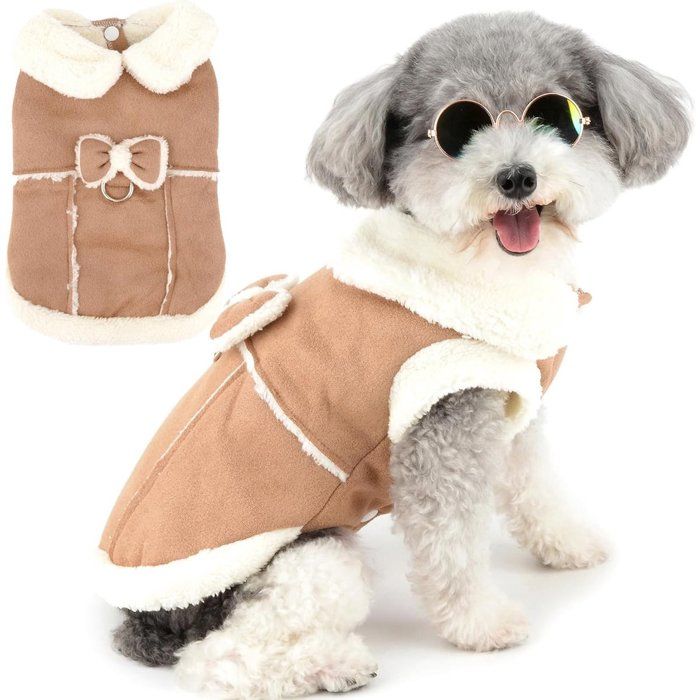 Comparer les prix de Manteau dhiver pour petits chiens et chats - Manteau en peau de mouton avec anneaux en D - Élégant vêtement orné dun nœud