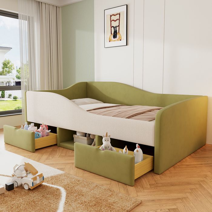 Lit enfant 90x190 cm en velours vert foncé et ivoire rangements intégrés et barrières rembourrées