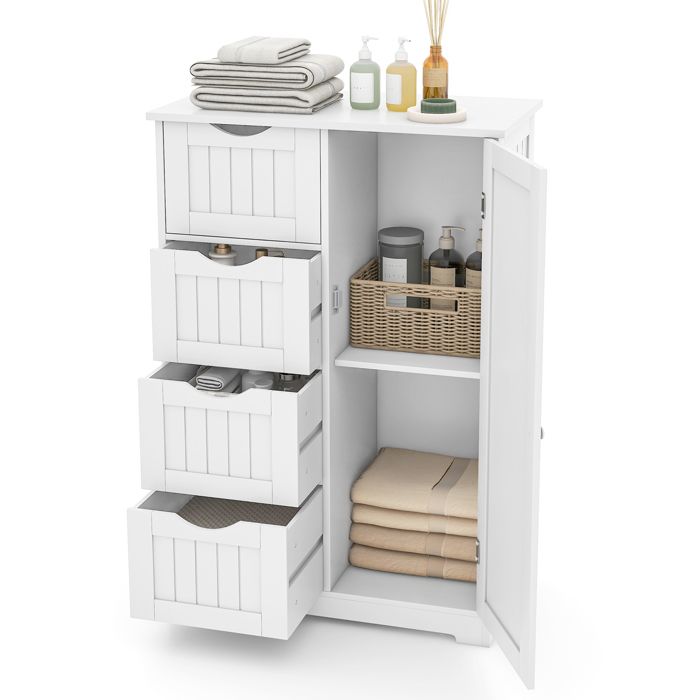 GIANTEX Meuble de Salle de Bain Commode à 4 Tiroirs Étagères Réglables Armoire à Porte 56x30 5x81cm pour Salon Chambre Blanc GIANTEX Meuble de Salle de Bain Commode à 4 Tiroirs Étagères Réglables Armoire à Porte 56x30 5x81cm pour Salon Chambre Blanc