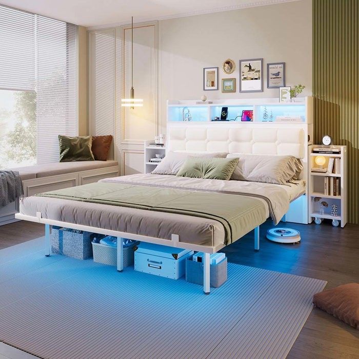 Lit double - 140 x 190 cm - Sommier à lattes - Tables de chevet coulissantes avec USB/Type‑C - LED intégrée