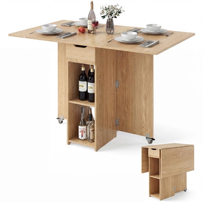 COSTWAY Table À Manger Pliante 120 x 72 x 75 cm avec 2 Roulettes Support de Rangement et Tiroir à 2 Niveaux Naturel