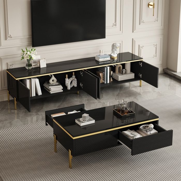 Ensemble Meuble TV et Table Basse Moderne Finition Brillante de Couleur Unie Bords Dorés Espace de Rangement Généreux Noir
