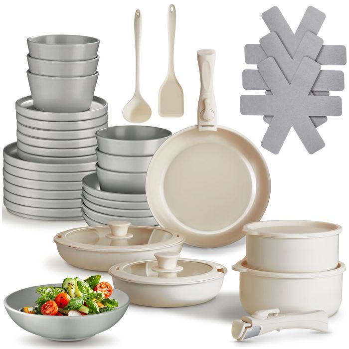 Batterie de cuisine - TECTAKE - Set de cuisine en aluminium inoxydable et grès émaillé pour 6 personnes 40 pièces - Gris/Blanc