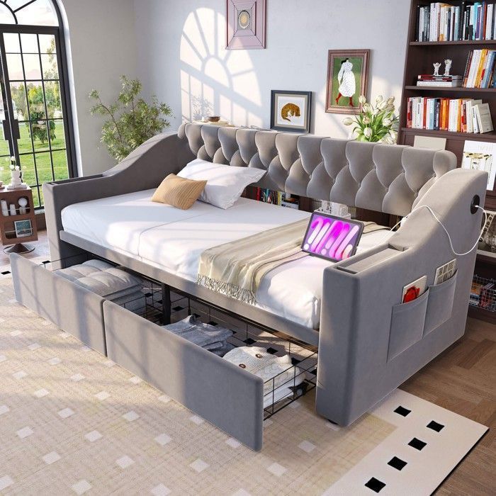 Lit banquette - LINHOO - 90 x 190 cm - Velours gris clair - Accoudoirs larges USB poches et tiroir