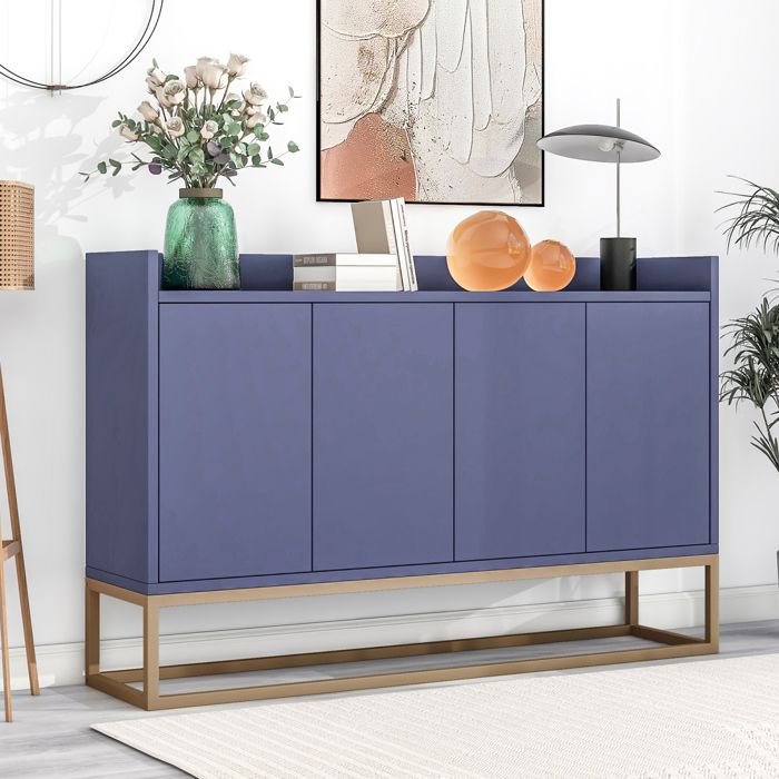 Buffet bleu 4 portes avec pieds en métal laqué finition plaquée meuble de rangement moderne et pratique