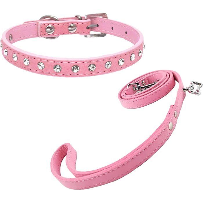 Comparer les prix de Collier et laisse pour petits chiens et chats - ZGEER - Strass - Suède - Rose - 120x15 cm - Fermeture scratch
