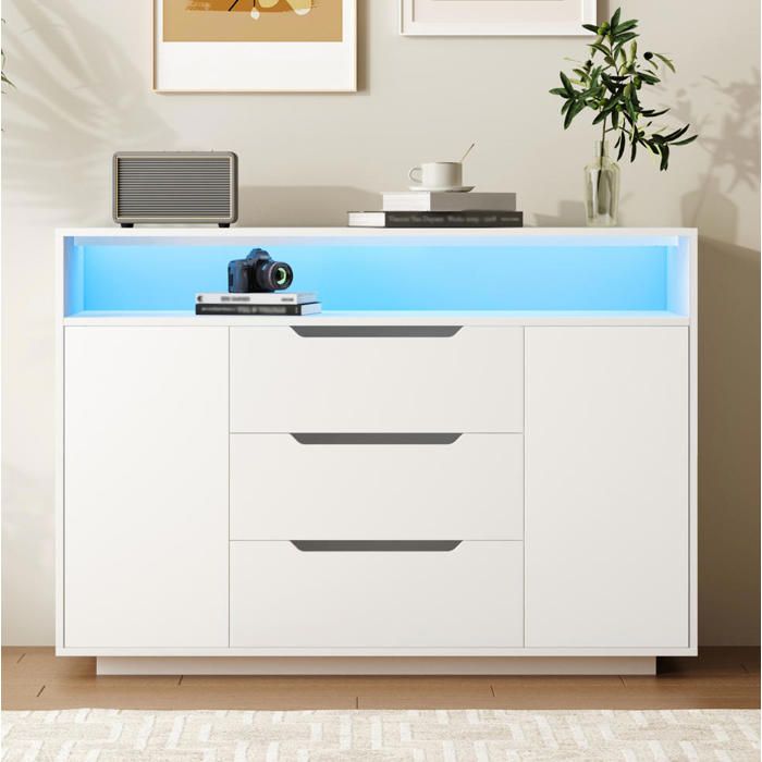 Buffet moderne Buffet bahut de salon 120x40x85 cm Etagères ouvertes 3 tiroirs 2 portes Eclairage LED Blanc pour salon bureaux