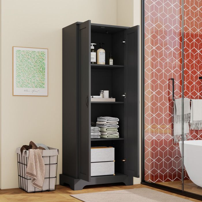 Colonne de salle de bain 56x40x170 cm avec 2 portes étagères réglables en MDF noir