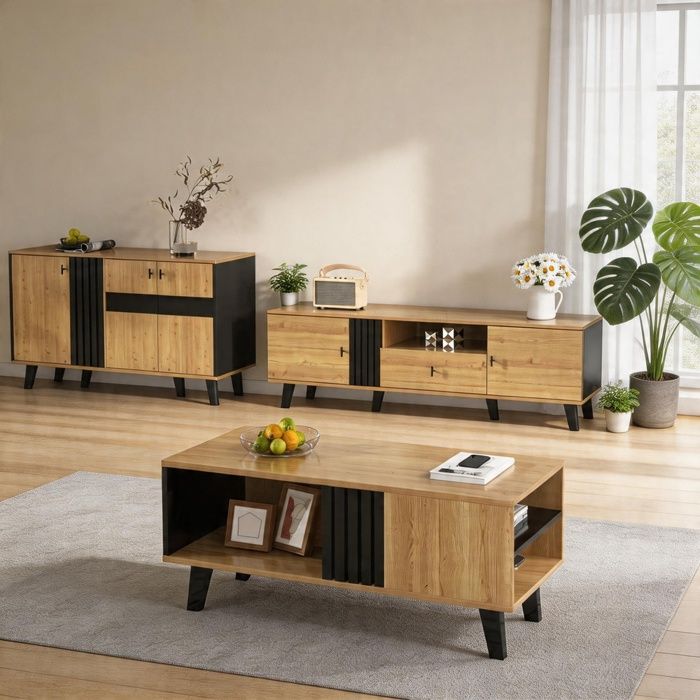 Armoire vitrée - N621P262516N - Éclairage LED intérieur - 2 portes 3 étagères amovibles - Aspect bois & accents noirs