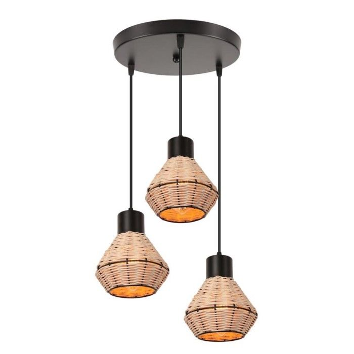 Lustre suspension 3 lampes - SMOTOP - Métal & bambou - Noir - E27 3x60W