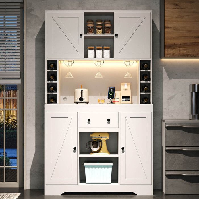 Bladez - Buffet Armoire haute avec espace de rangement éclairage LED Meuble de cuisine avec prises étagères réglables - Blanc