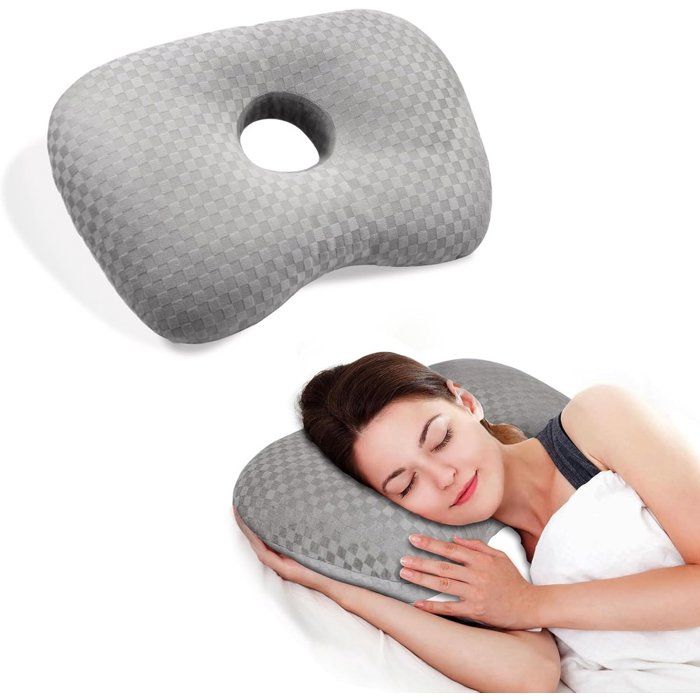 Coussin Oreille Pour Dormir Sur Le Côté Coussin Donut Trou Central 8 9 cm Ajustable Avec Housse Coton Gris