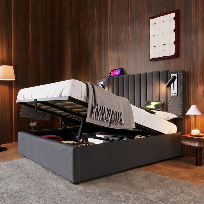 Lit coffre en tissu cool gray 160x200 cm avec tête réglable lumière de lecture et USB