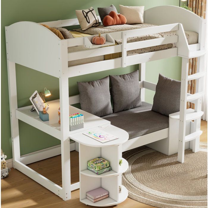 JOINERY Lit Mezzanine Enfant Bureau Coulissant Canapé Rangement 90 X 200 Cm Bois Massif MDF Blanc Échelle Étagères