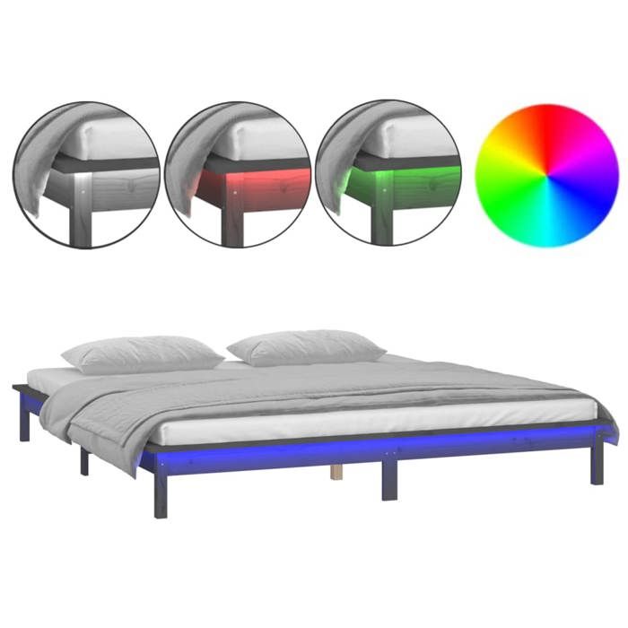 Luxe&Mode Structure de lit à LED sans matelas gris 140x190 cm bois massif 2 ans garantie LV15451