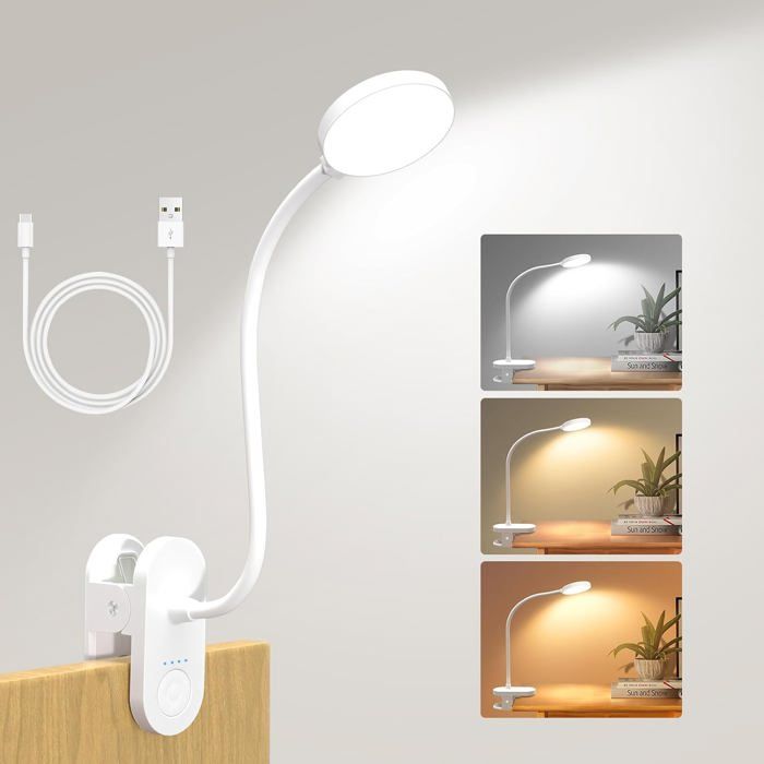 Lampe lecture 61 LED à pince col cygne flexible 40 cm 3 températures couleur 10 niveaux luminosité USB-C batterie 2000 mAh