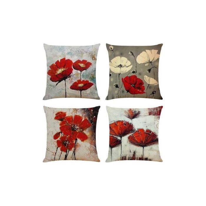 4pcs Housses coussin - Motif fleurs rouges Style bohème en lin - Canapé lit salon - 45 x 45 cm