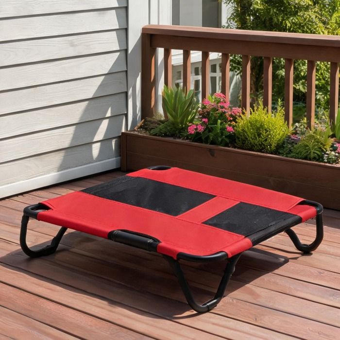 Lit surélevé XXL pour chien et chat en métal et textilène rouge 122 x 92 cm usage intérieur et extérieur