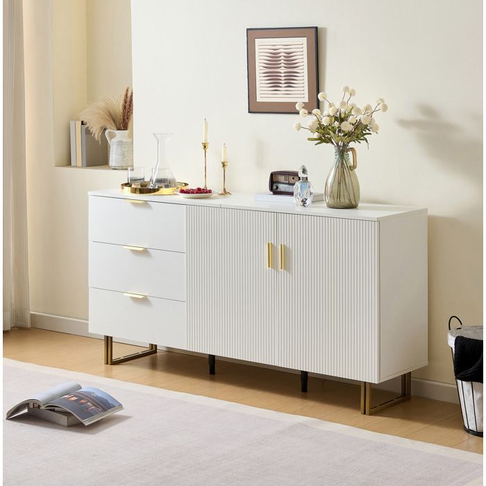 VUENOR Buffet bas 160 x 40 x 815 cm blanc avec 3 tiroirs et 2 portes en MDF