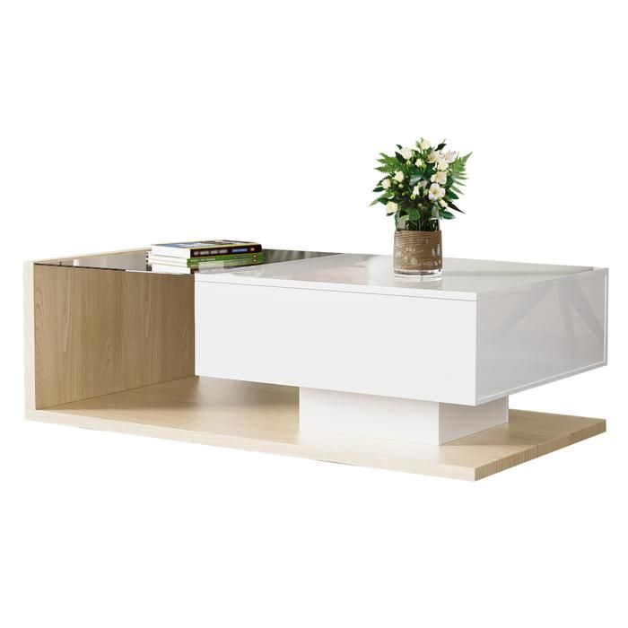 Table basse AESVAR blanc brillant et décor bois 105 x 55 x 32 5 cm avec verre trempé LED 16 couleurs et 1 tiroir