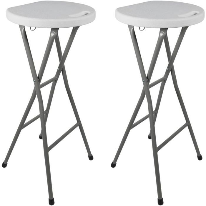 Lot de 2 Tabourets de Bar Pliants 80 cm - Siège Hauteur Mange Debout en Résine Blanche et Structure en Acier - Chaise Pliante Haute